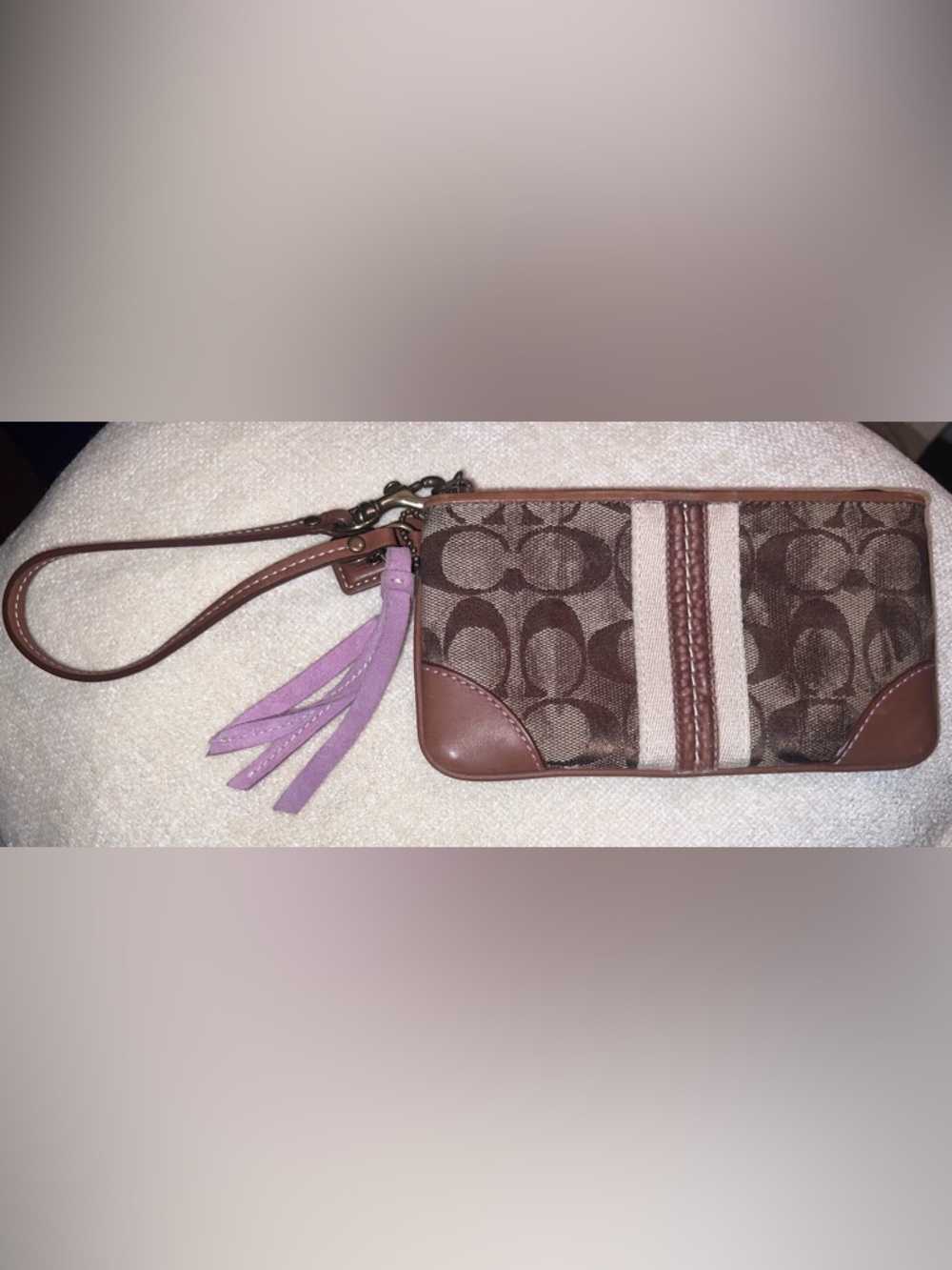 Coach Brown Signature Canvas Wristlet with Pink Tassel - Picture 2 of 5